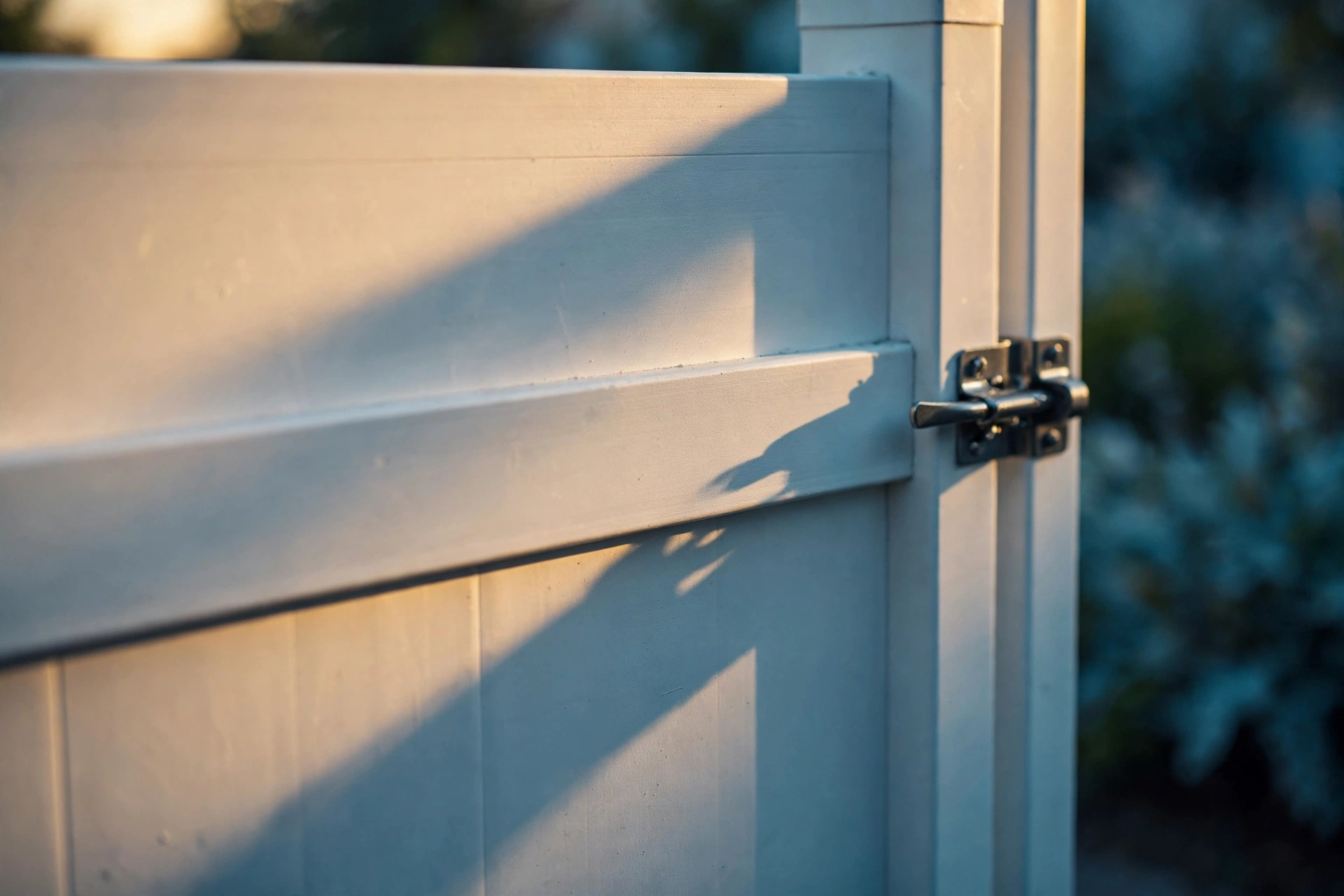 Vinyl gate detail with latch in raking golden-hour light