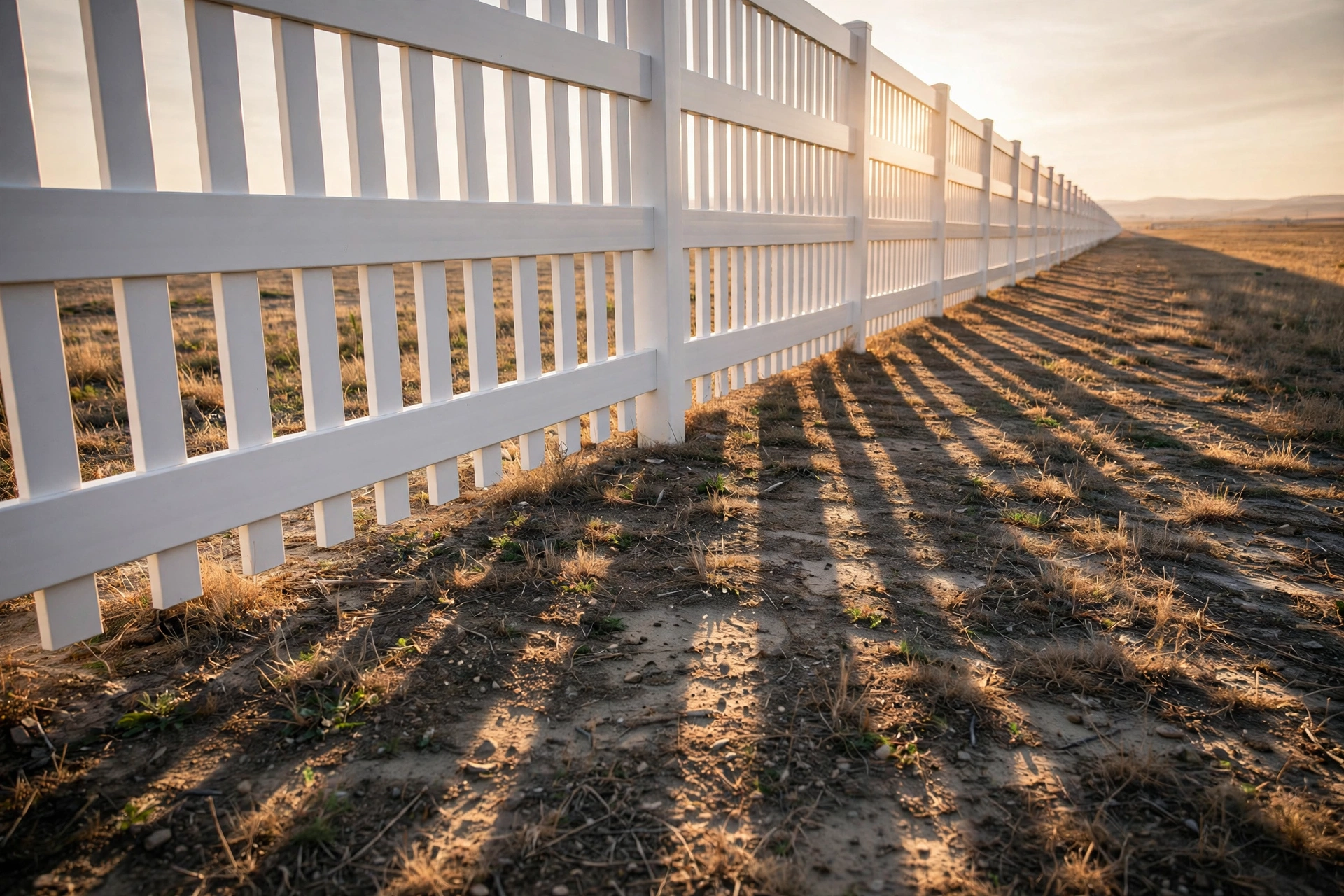 White vinyl fence line with long shadows at golden hour