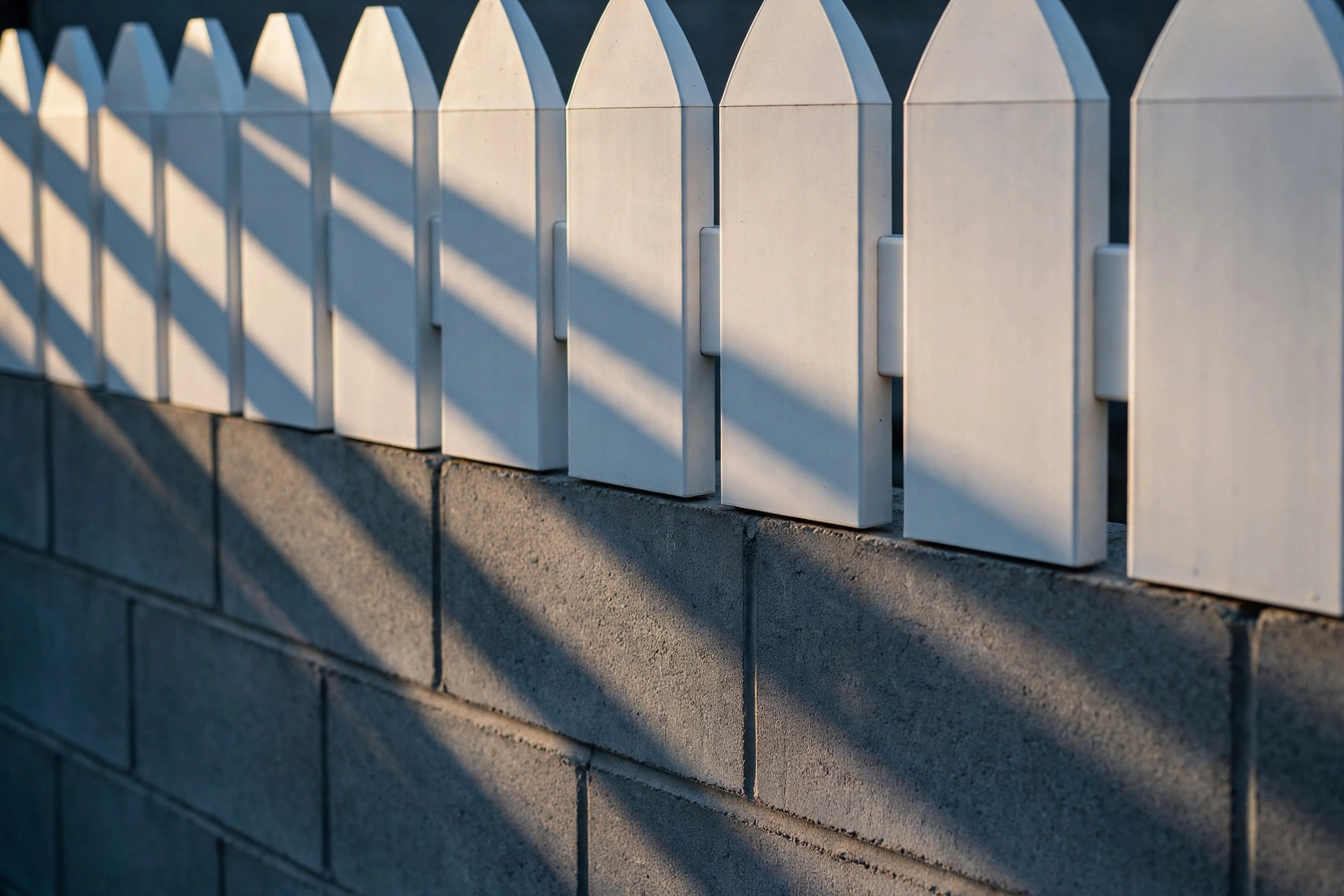 White vinyl wall-topper pickets casting long shadows at golden hour
